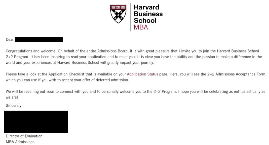 Harvard Business School admission letter