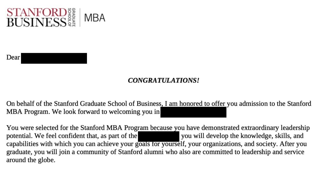 Stanford Business School admission letter
